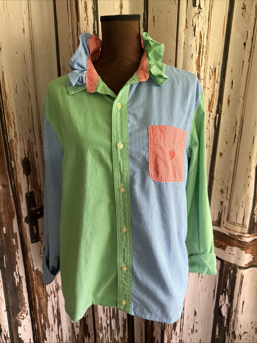 Reworked upcycled ruffle chaps multi gingham shirt see details
